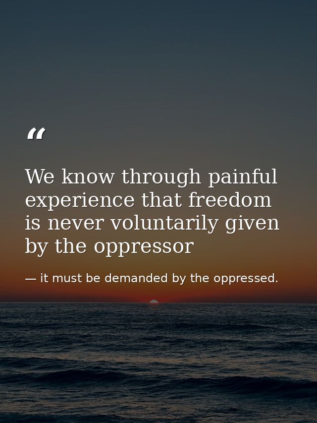 We know through painful experience that freedom is never voluntarily given by the oppressor — it must be demanded by the oppressed.