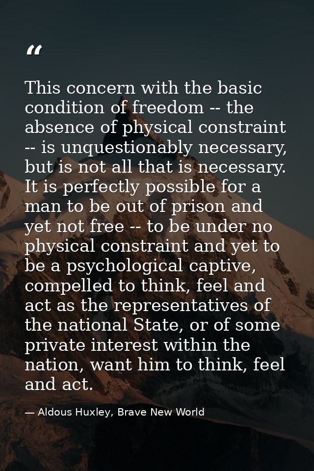 This concern with the basic condition of freedom -- the absence of physical constraint -- is unquestionably necessary, b — Aldous Huxley, Brave New World