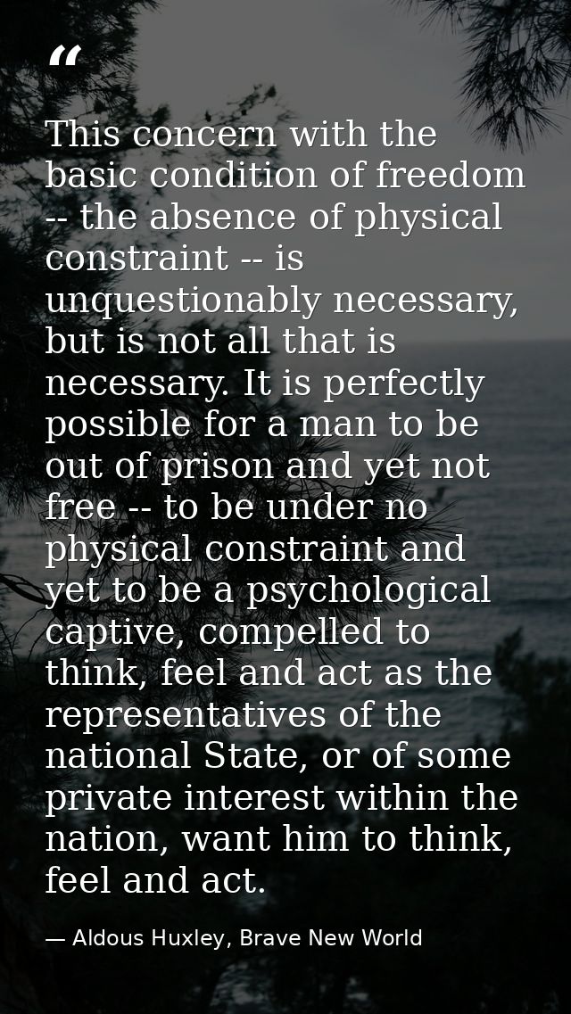 This concern with the basic condition of freedom -- the absence of physical constraint -- is unquestionably necessary, b — Aldous Huxley, Brave New World