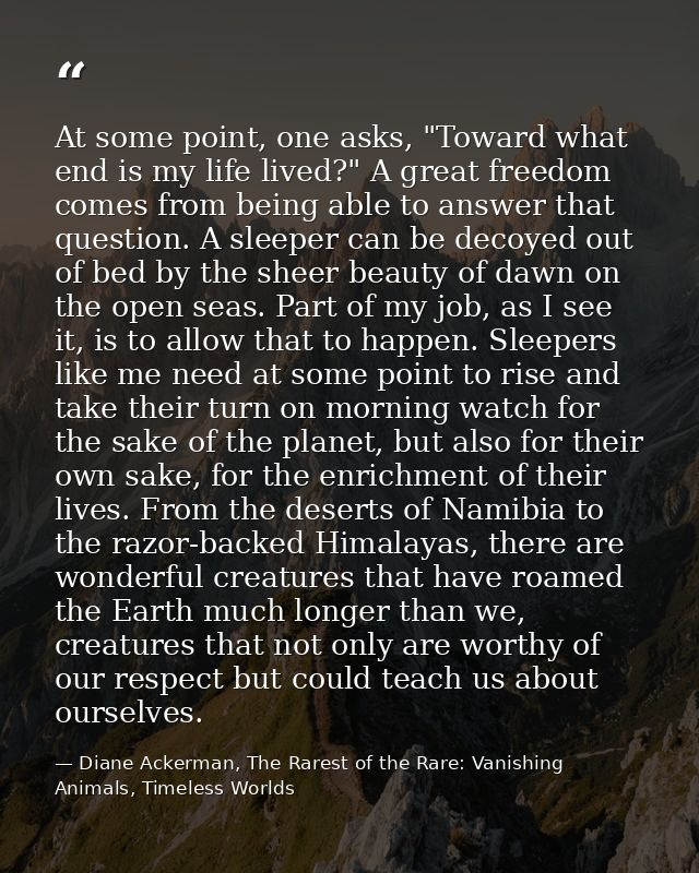 At some point, one asks, "Toward what end is my life lived?" A great freedom comes from being able to answer that questi — Diane Ackerman, The Rarest of the Rare: Vanishing Animals, Timeless Worlds