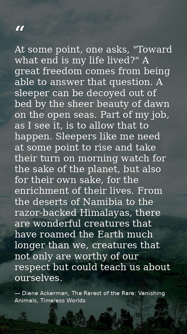 At some point, one asks, "Toward what end is my life lived?" A great freedom comes from being able to answer that questi — Diane Ackerman, The Rarest of the Rare: Vanishing Animals, Timeless Worlds