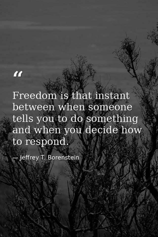 Freedom is that instant between when someone tells you to do something and when you decide how to respond. — Jeffrey T. Borenstein