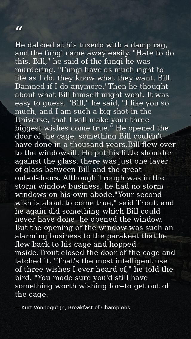 He dabbed at his tuxedo with a damp rag, and the fungi came away easily. "Hate to do this, Bill," he said of the fungi h — Kurt Vonnegut Jr., Breakfast of Champions