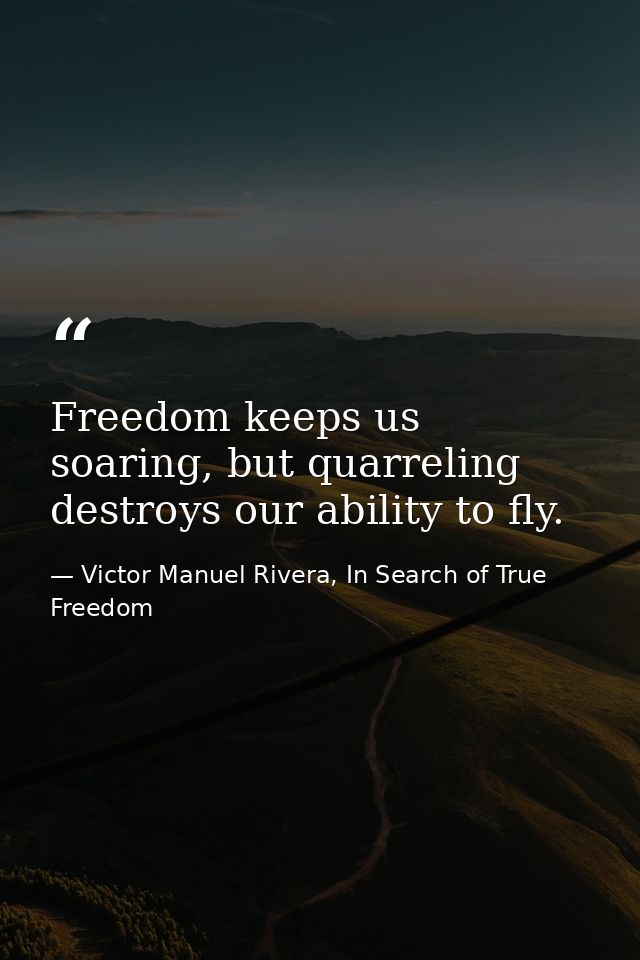 Freedom keeps us soaring, but quarreling destroys our ability to fly. — Victor Manuel Rivera, In Search of True Freedom