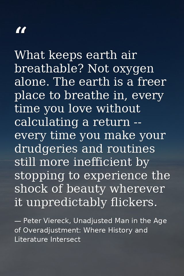 What keeps earth air breathable? Not oxygen alone. The earth is a freer place to breathe in, every time you love without — Peter Viereck, Unadjusted Man in the Age of Overadjustment: Where History and Literature Intersect