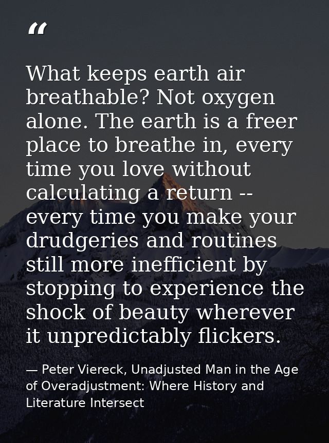 What keeps earth air breathable? Not oxygen alone. The earth is a freer place to breathe in, every time you love without — Peter Viereck, Unadjusted Man in the Age of Overadjustment: Where History and Literature Intersect