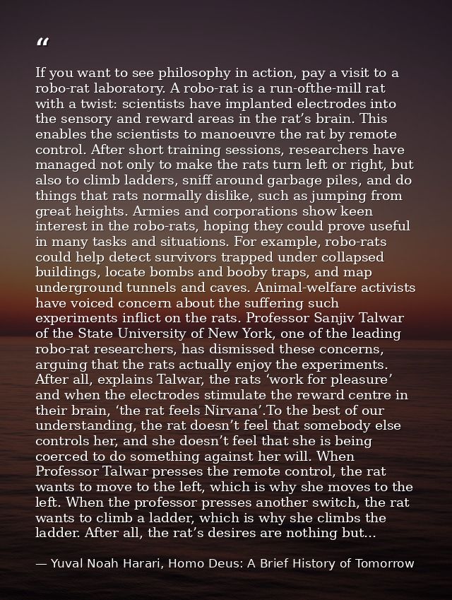 If you want to see philosophy in action, pay a visit to a robo-rat laboratory. A robo-rat is a run-ofthe-mill rat with a — Yuval Noah Harari, Homo Deus: A Brief History of Tomorrow