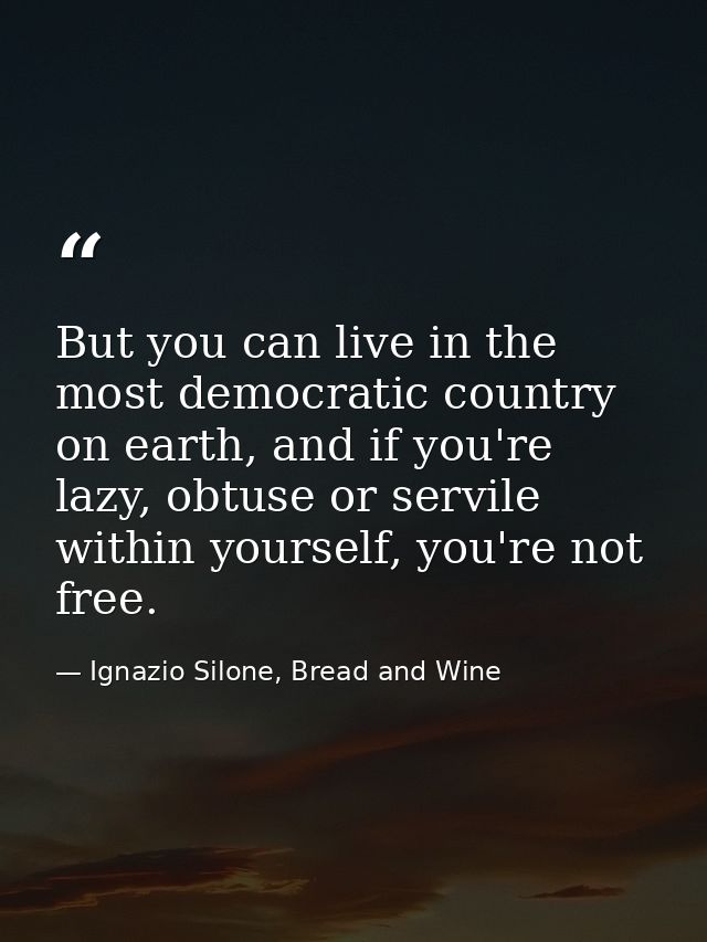 But you can live in the most democratic country on earth, and if you're lazy, obtuse or servile within yourself, you're  — Ignazio Silone, Bread and Wine