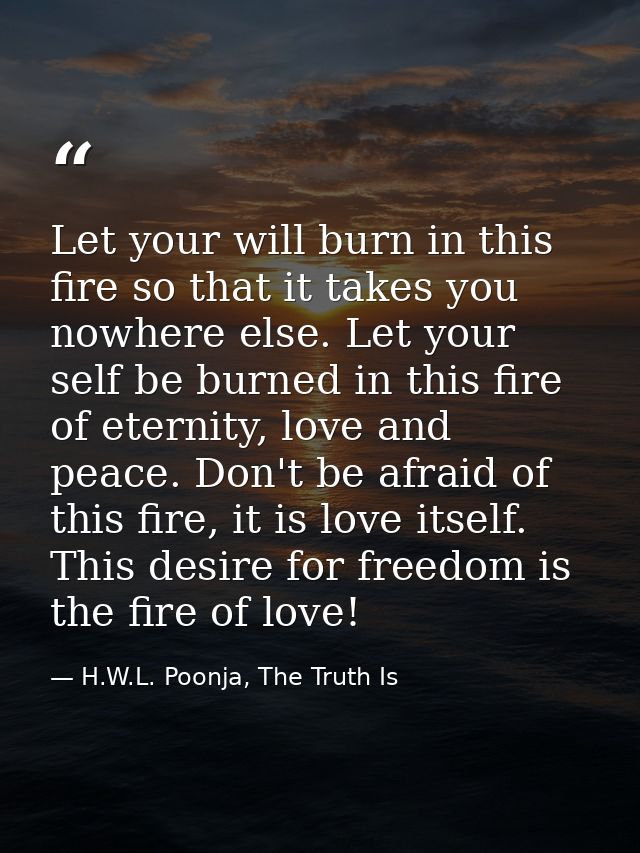 Let your will burn in this fire so that it takes you nowhere else. Let your self be burned in this fire of eternity, lov — H.W.L. Poonja, The Truth Is