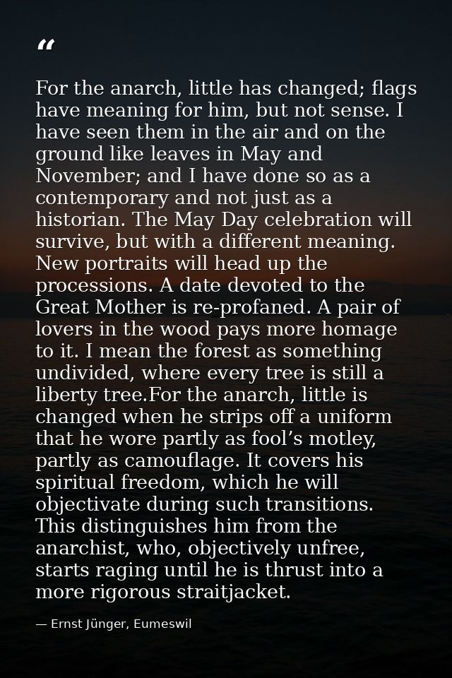 For the anarch, little has changed; flags have meaning for him, but not sense. I have seen them in the air and on the gr — Ernst Jünger, Eumeswil
