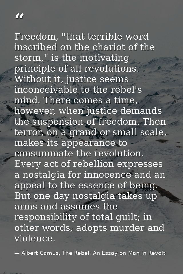 Freedom, "that terrible word inscribed on the chariot of the storm," is the motivating principle of all revolutions. Wit — Albert Camus, The Rebel: An Essay on Man in Revolt