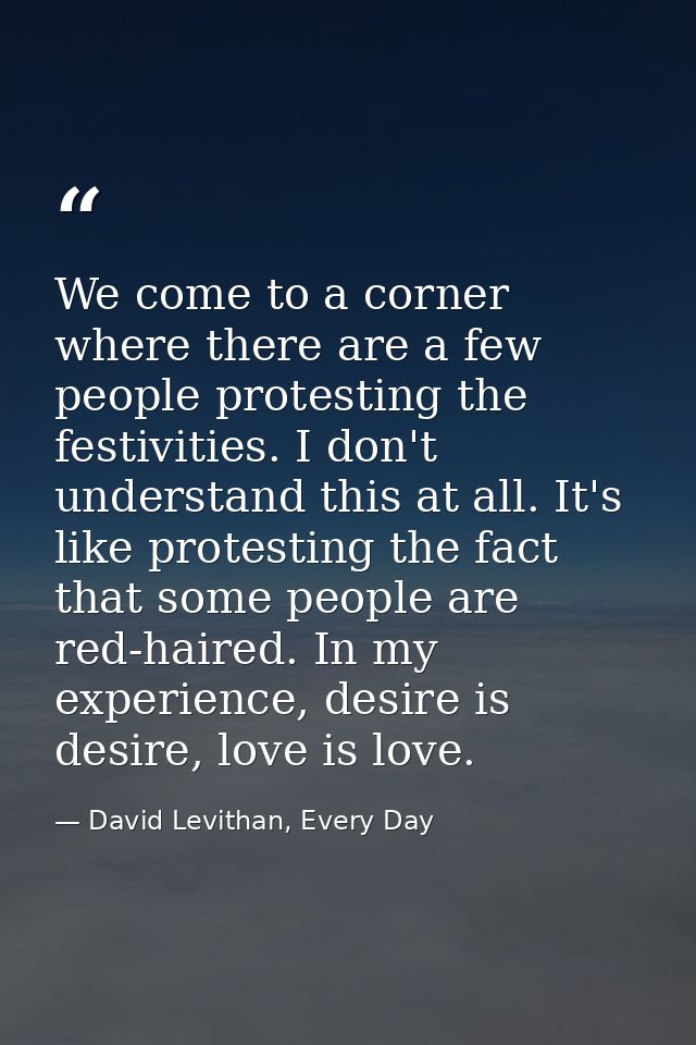 We come to a corner where there are a few people protesting the festivities. I don't understand this at all. It's like p — David Levithan, Every Day