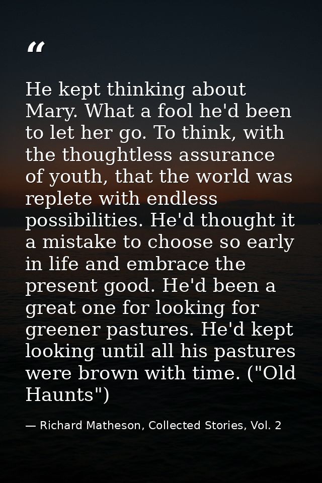 He kept thinking about Mary. What a fool he'd been to let her go. To think, with the thoughtless assurance of youth, tha — Richard Matheson, Collected Stories, Vol. 2