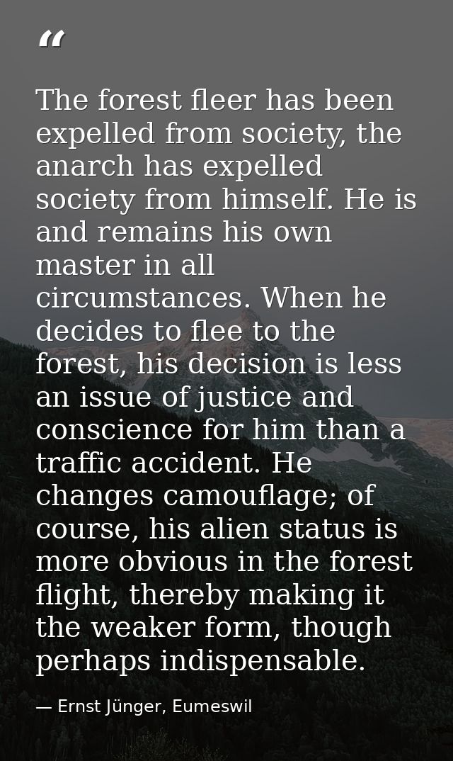 The forest fleer has been expelled from society, the anarch has expelled society from himself. He is and remains his own — Ernst Jünger, Eumeswil