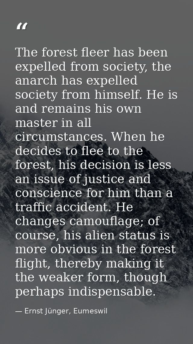 The forest fleer has been expelled from society, the anarch has expelled society from himself. He is and remains his own — Ernst Jünger, Eumeswil