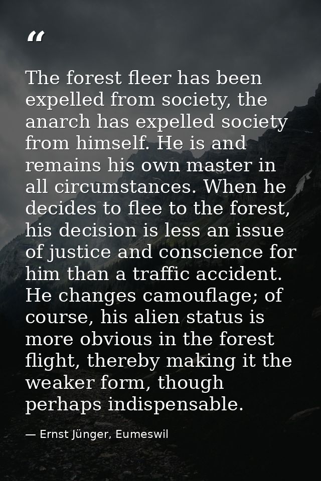 The forest fleer has been expelled from society, the anarch has expelled society from himself. He is and remains his own — Ernst Jünger, Eumeswil