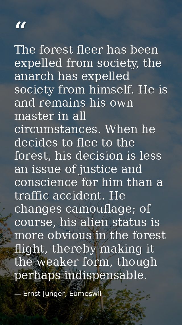 The forest fleer has been expelled from society, the anarch has expelled society from himself. He is and remains his own — Ernst Jünger, Eumeswil