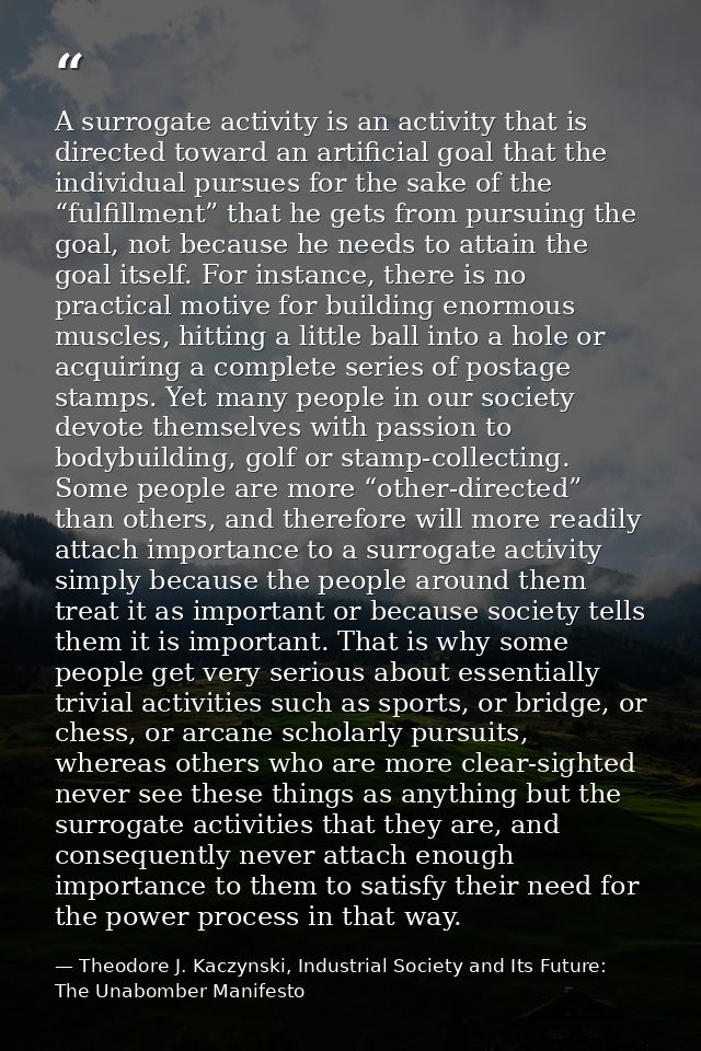 A surrogate activity is an activity that is directed toward an artificial goal that the individual pursues for the sake  — Theodore J. Kaczynski, Industrial Society and Its Future: The Unabomber Manifesto