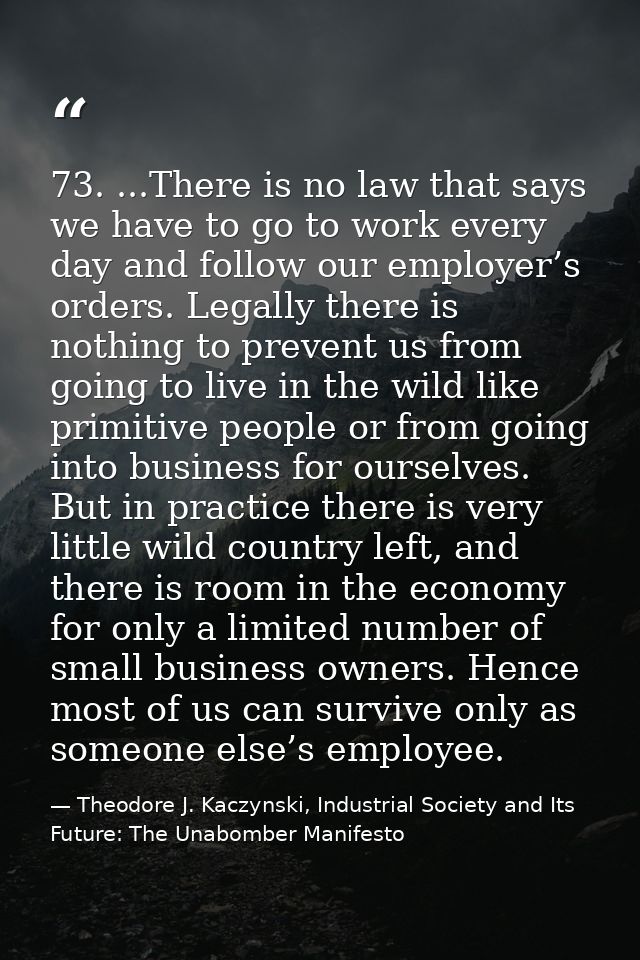 73. ...There is no law that says we have to go to work every day and follow our employer’s orders. Legally there is noth — Theodore J. Kaczynski, Industrial Society and Its Future: The Unabomber Manifesto