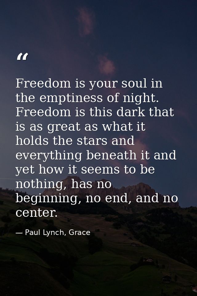 Freedom is your soul in the emptiness of night. Freedom is this dark that is as great as what it holds the stars and eve — Paul Lynch, Grace