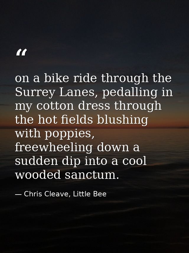 on a bike ride through the Surrey Lanes, pedalling in my cotton dress through the hot fields blushing with poppies, free — Chris Cleave, Little Bee