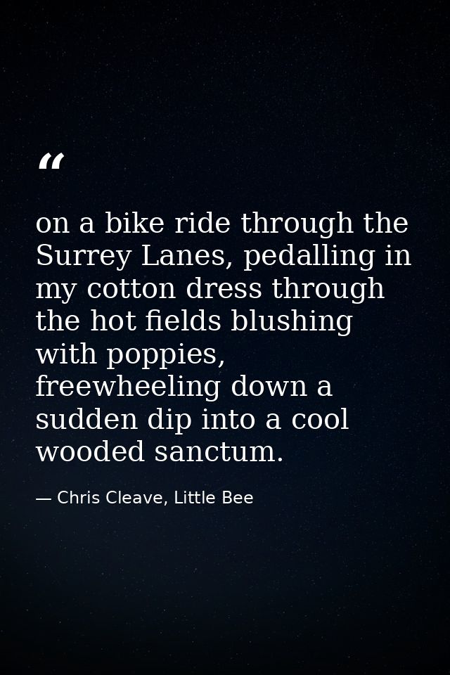 on a bike ride through the Surrey Lanes, pedalling in my cotton dress through the hot fields blushing with poppies, free — Chris Cleave, Little Bee