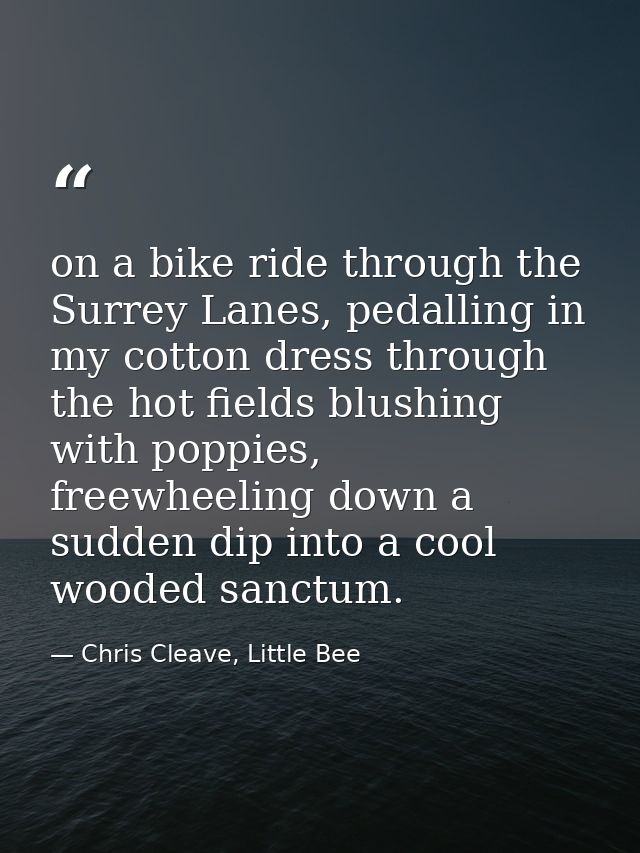on a bike ride through the Surrey Lanes, pedalling in my cotton dress through the hot fields blushing with poppies, free — Chris Cleave, Little Bee