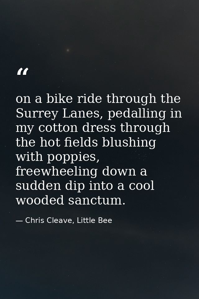 on a bike ride through the Surrey Lanes, pedalling in my cotton dress through the hot fields blushing with poppies, free — Chris Cleave, Little Bee