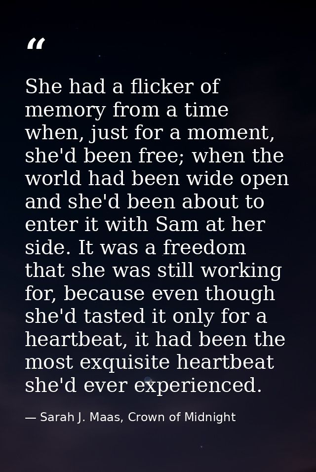 She had a flicker of memory from a time when, just for a moment, she'd been free; when the world had been wide open and  — Sarah J. Maas, Crown of Midnight