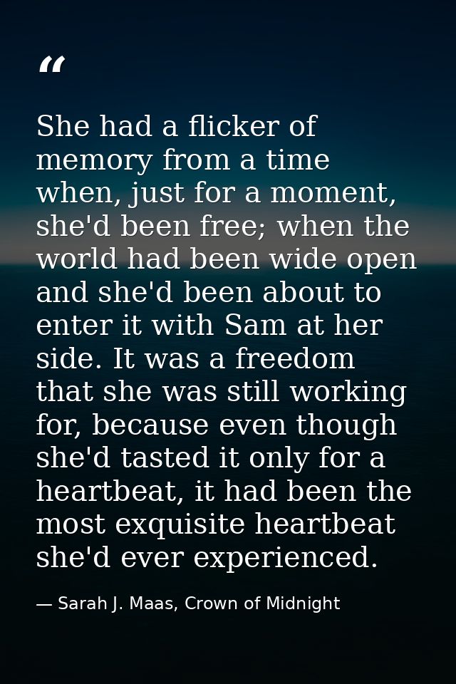 She had a flicker of memory from a time when, just for a moment, she'd been free; when the world had been wide open and  — Sarah J. Maas, Crown of Midnight