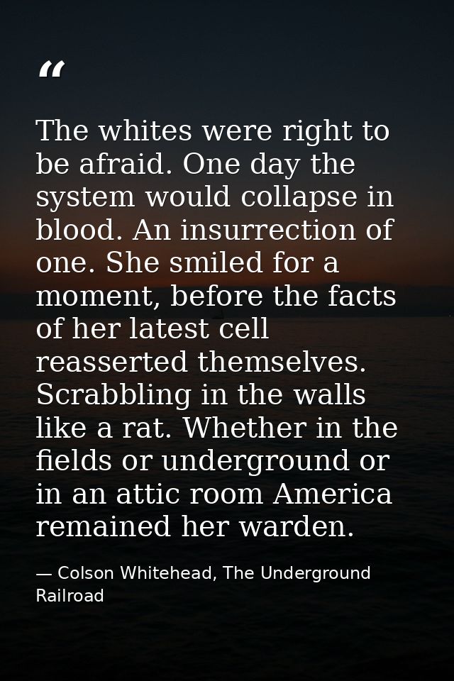 The whites were right to be afraid. One day the system would collapse in blood. An insurrection of one. She smiled for a — Colson Whitehead, The Underground Railroad