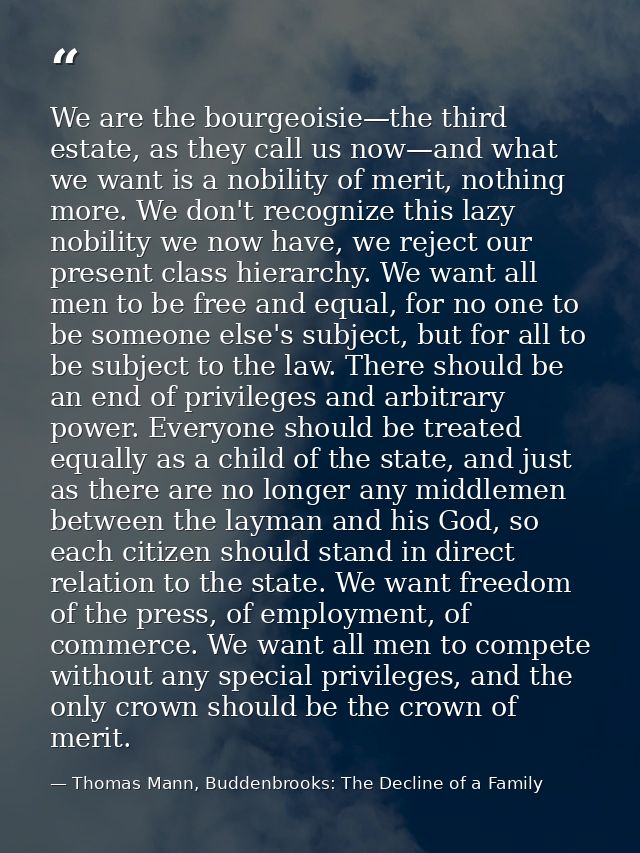 We are the bourgeoisie—the third estate, as they call us now—and what we want is a nobility of merit, nothing more. We d — Thomas Mann, Buddenbrooks: The Decline of a Family