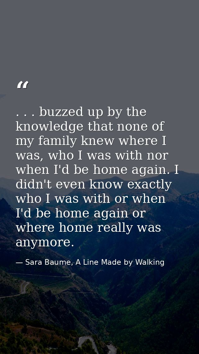 . . . buzzed up by the knowledge that none of my family knew where I was, who I was with nor when I'd be home again. I d — Sara Baume, A Line Made by Walking