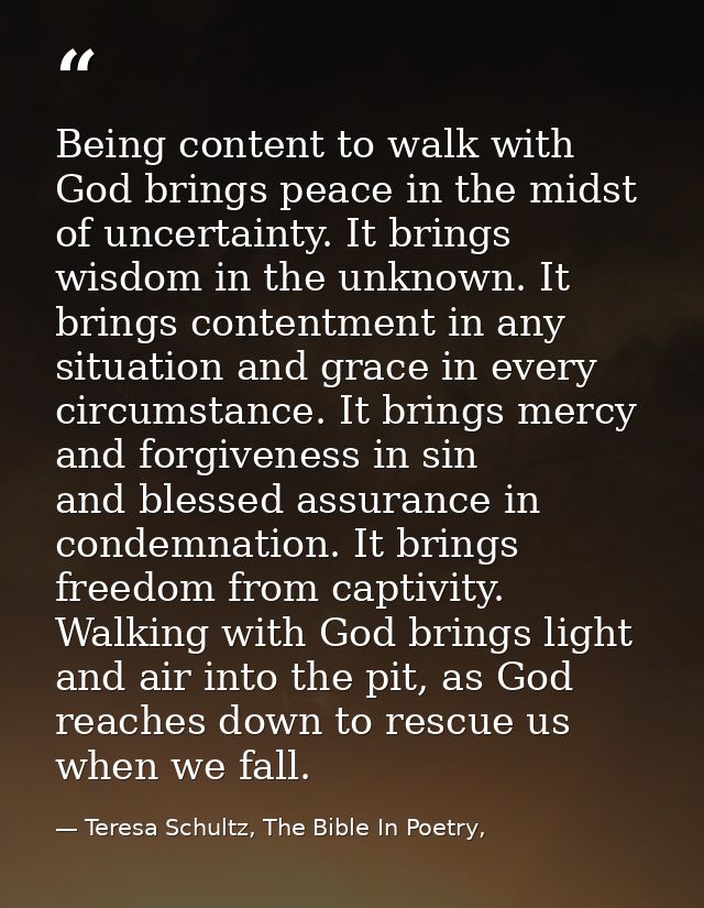 Being content to walk with God brings peace in the midst of uncertainty. It brings wisdom in the unknown. It brings cont — Teresa Schultz, The Bible In Poetry,