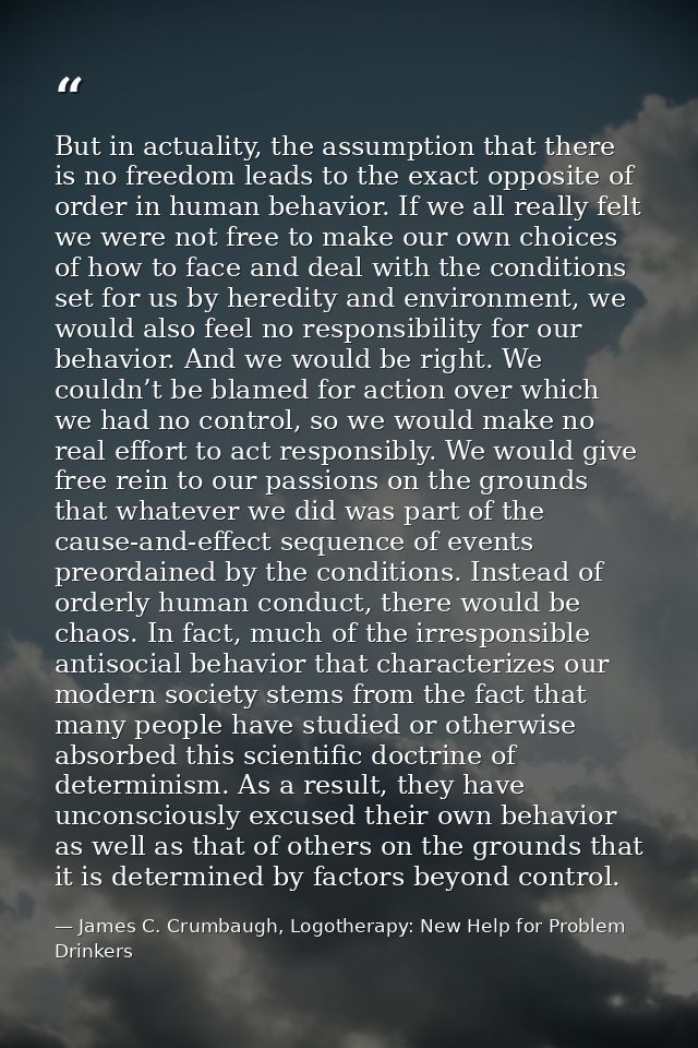 But in actuality, the assumption that there is no freedom leads to the exact opposite of order in human behavior. If we  — James C. Crumbaugh, Logotherapy: New Help for Problem Drinkers