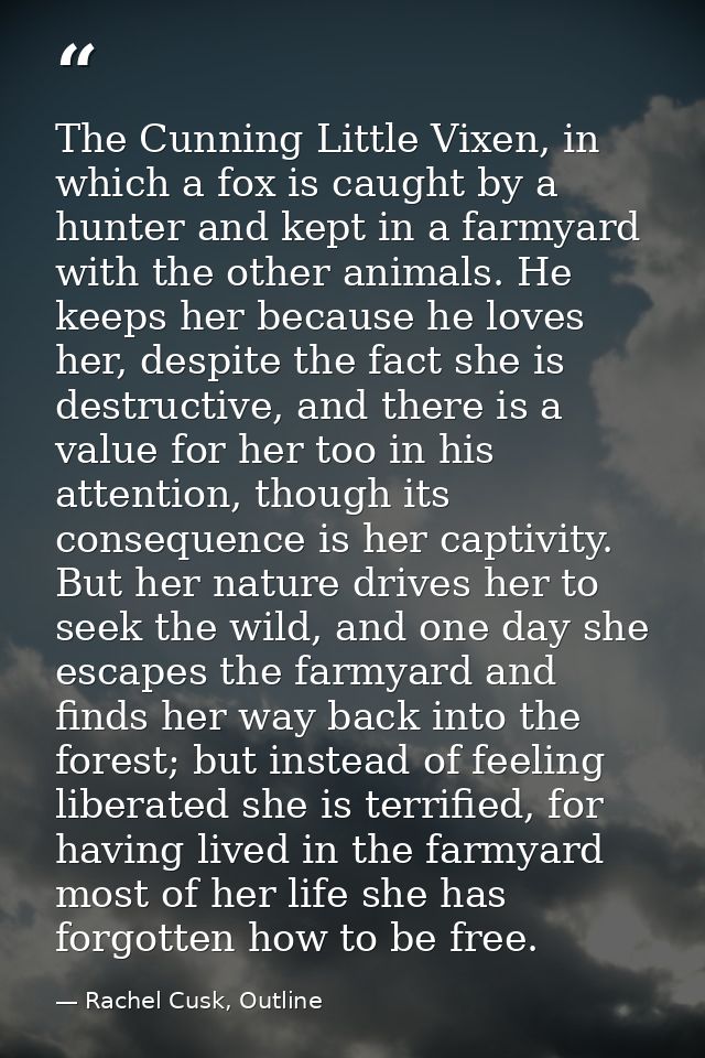 The Cunning Little Vixen, in which a fox is caught by a hunter and kept in a farmyard with the other animals. He keeps h — Rachel Cusk, Outline