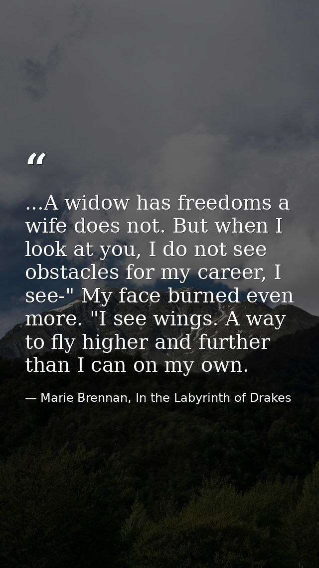 ...A widow has freedoms a wife does not. But when I look at you, I do not see obstacles for my career, I see-" My face b — Marie Brennan, In the Labyrinth of Drakes
