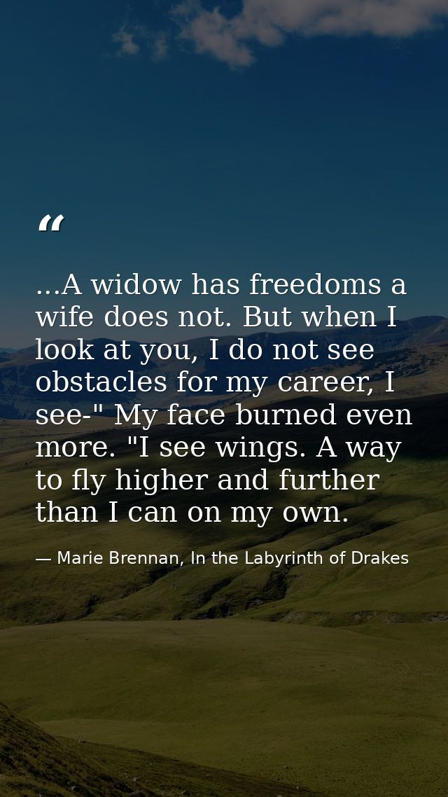 ...A widow has freedoms a wife does not. But when I look at you, I do not see obstacles for my career, I see-" My face b — Marie Brennan, In the Labyrinth of Drakes