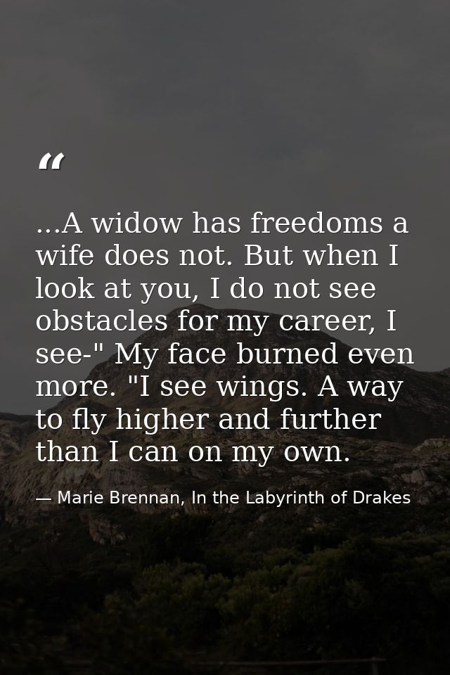 ...A widow has freedoms a wife does not. But when I look at you, I do not see obstacles for my career, I see-" My face b — Marie Brennan, In the Labyrinth of Drakes