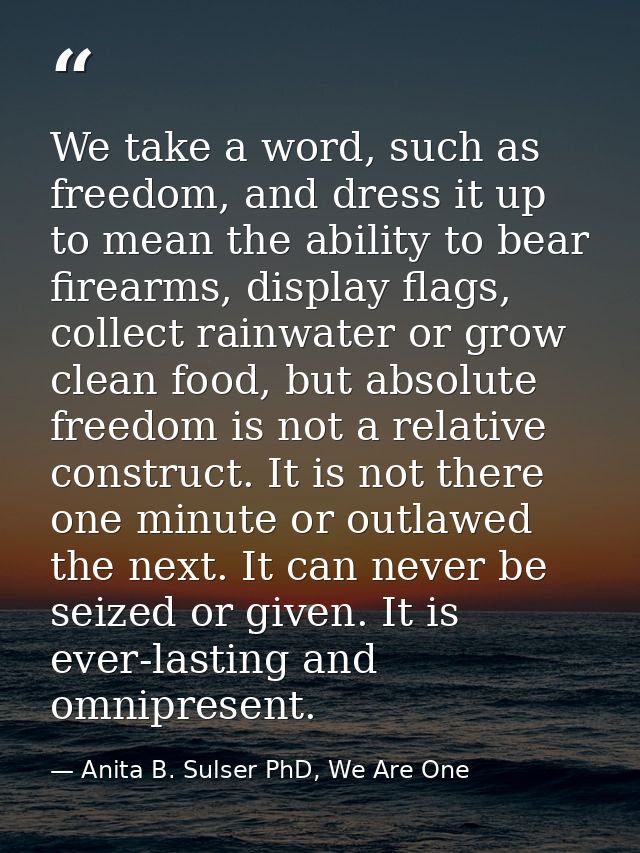 We take a word, such as freedom, and dress it up to mean the ability to bear firearms, display flags, collect rainwater  — Anita B. Sulser PhD, We Are One