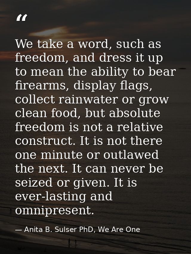 We take a word, such as freedom, and dress it up to mean the ability to bear firearms, display flags, collect rainwater  — Anita B. Sulser PhD, We Are One