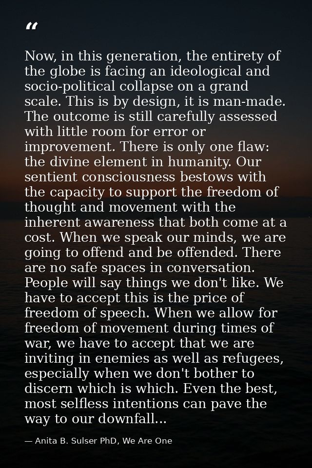 Now, in this generation, the entirety of the globe is facing an ideological and socio-political collapse on a grand scal — Anita B. Sulser PhD, We Are One