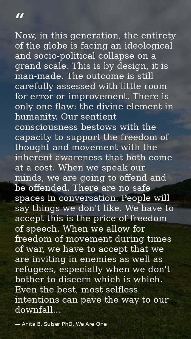 Now, in this generation, the entirety of the globe is facing an ideological and socio-political collapse on a grand scal — Anita B. Sulser PhD, We Are One