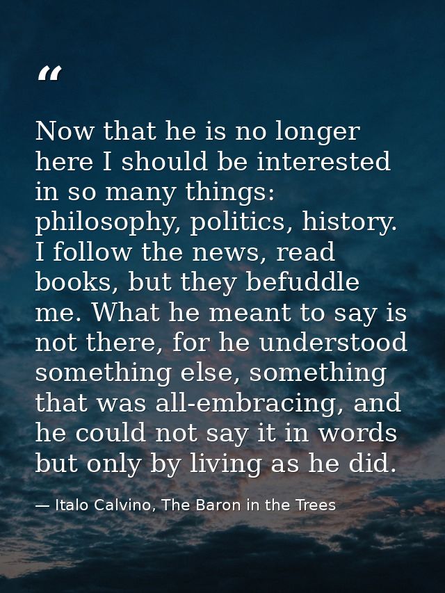 Now that he is no longer here I should be interested in so many things: philosophy, politics, history. I follow the news — Italo Calvino, The Baron in the Trees
