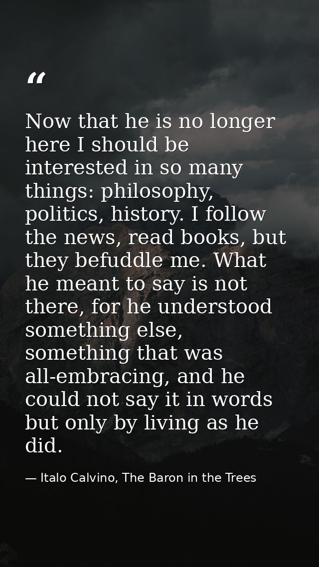 Now that he is no longer here I should be interested in so many things: philosophy, politics, history. I follow the news — Italo Calvino, The Baron in the Trees