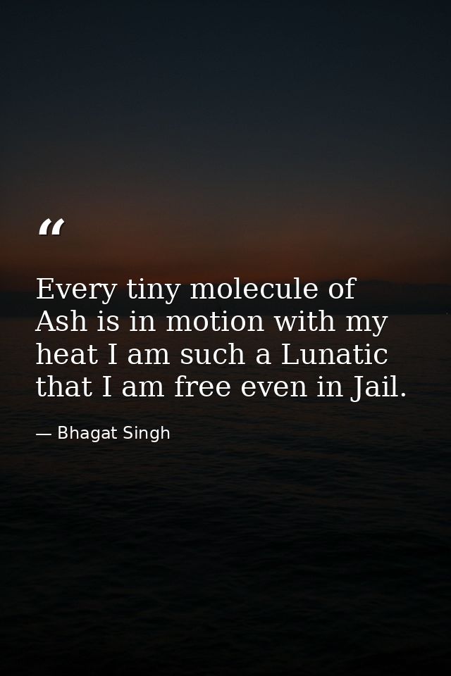 Every tiny molecule of Ash is in motion with my heat I am such a Lunatic that I am free even in Jail. — Bhagat Singh