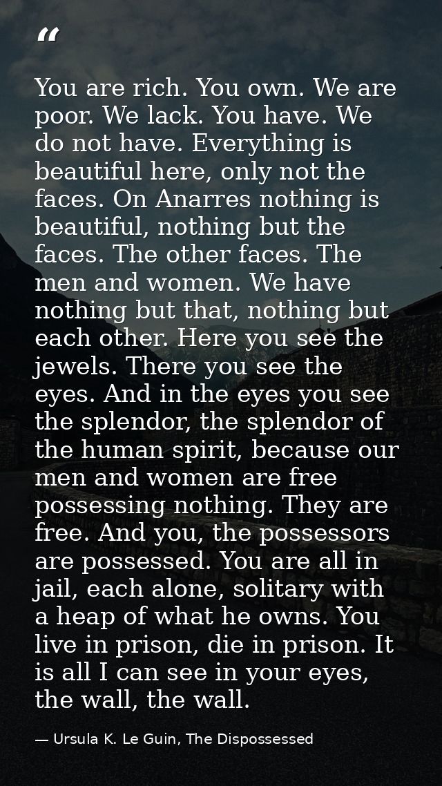 You are rich. You own. We are poor. We lack. You have. We do not have. Everything is beautiful here, only not the faces. — Ursula K. Le Guin, The Dispossessed
