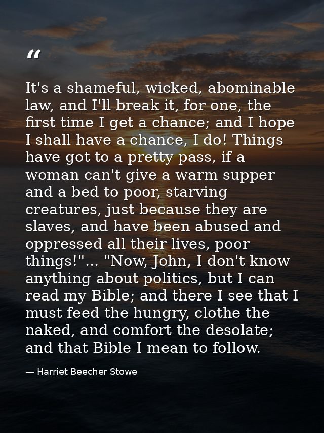 It's a shameful, wicked, abominable law, and I'll break it, for one, the first time I get a chance; and I hope I shall h — Harriet Beecher Stowe