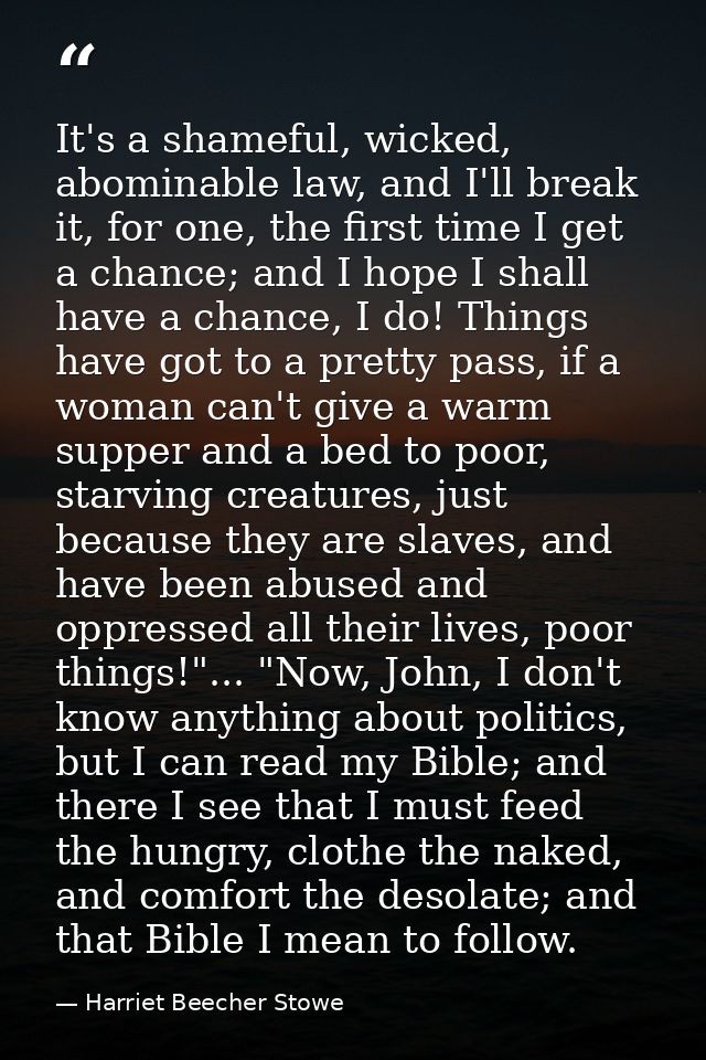 It's a shameful, wicked, abominable law, and I'll break it, for one, the first time I get a chance; and I hope I shall h — Harriet Beecher Stowe