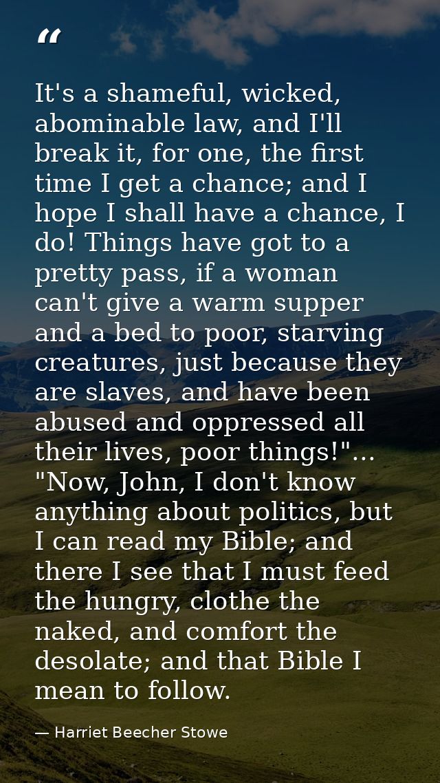 It's a shameful, wicked, abominable law, and I'll break it, for one, the first time I get a chance; and I hope I shall h — Harriet Beecher Stowe
